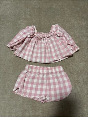 cloud island Pink Gingham Smocked Off-Shoulder Top & Shorts Set